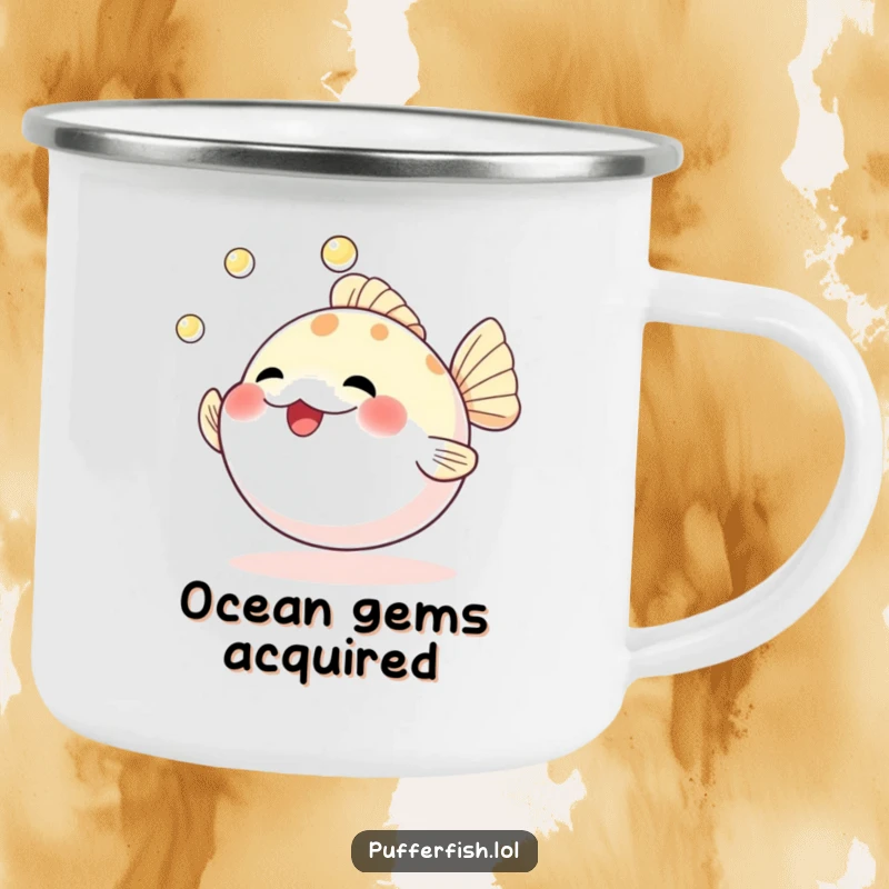 Funny camping mug featuring a happy pufferfish juggling three shiny pearls, perfect for outdoor enthusiasts who appreciate humor.