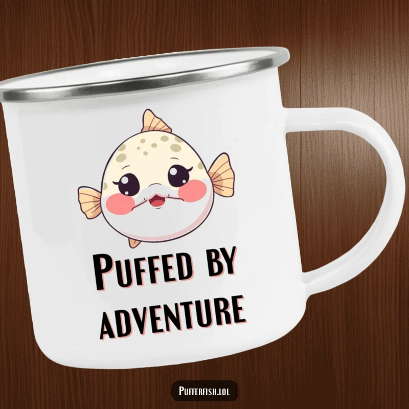 Funny Camping Mug featuring a tiny pufferfish inflating dramatically, cheeks puffed, eyes wide with playful surprise, for outdoor fun.