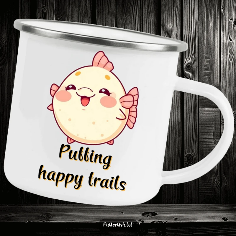 Funny kawaii pufferfish camping mug blushing and puffing up excitedly.