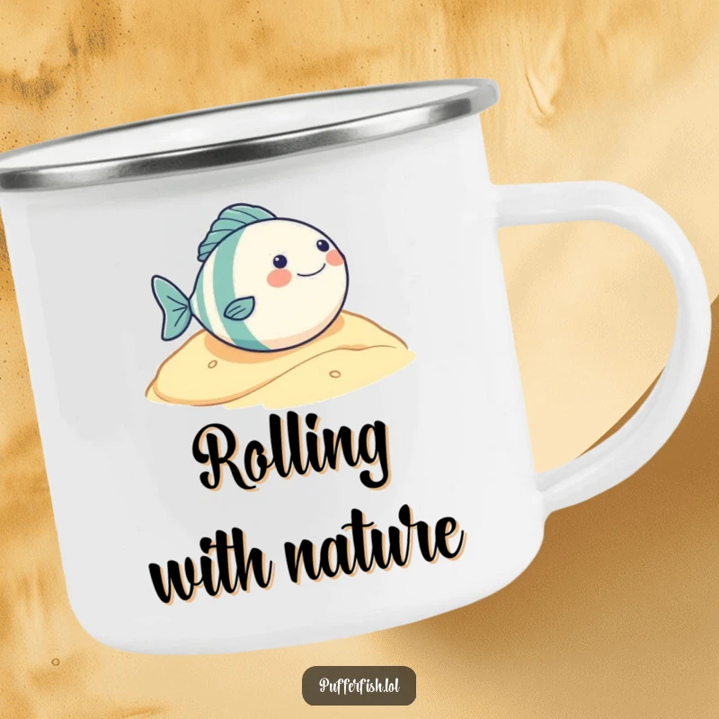 Funny camping mug showing a very round fish character's pure glee as it rolls down a sandy hill, ideal for outdoor adventures.
