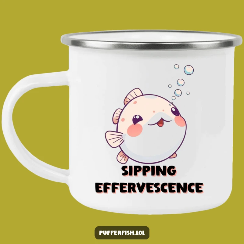 Adventure Funny Playful Pufferfish Camping Mug: Bubbles by the Campfire
