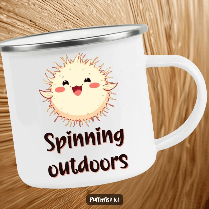 Funny Pufferfish Camping Mug with a fluffy pufferfish spinning joyfully, designed for sipping hot beverages during outdoor adventures.