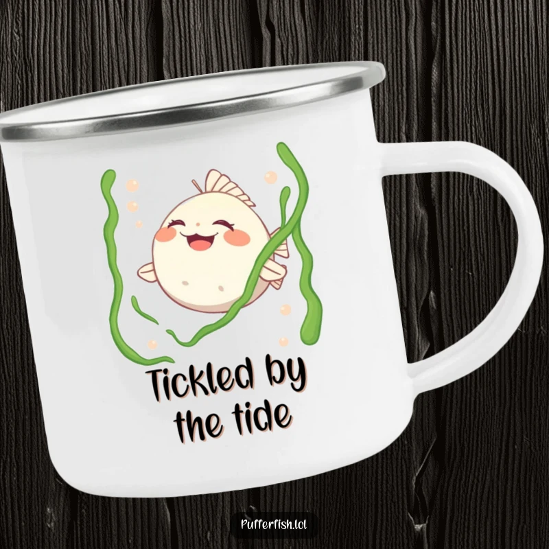 Funny camping mug showing a pufferfish character laughing heartily while being tickled by seaweed, ideal for outdoor adventures and humorous sipping.
