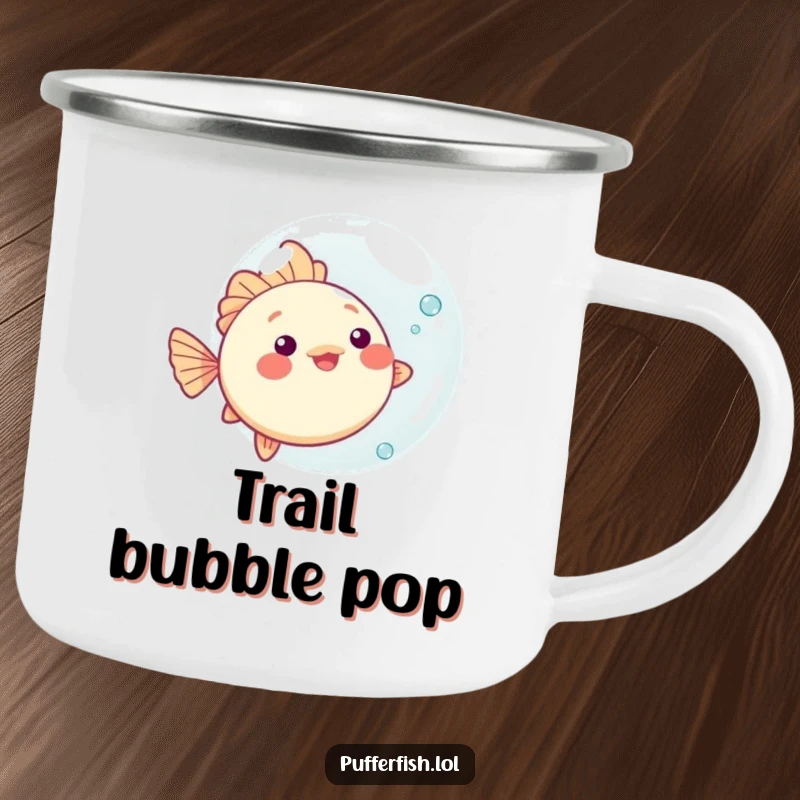 Funny kawaii pufferfish camping mug, playfully bouncing an oversized bubble, ideal for outdoor drinks and ocean lovers.