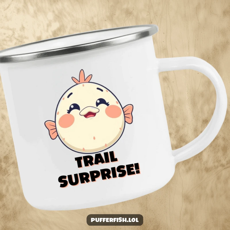 Funny kawaii pufferfish surprise enamel camping mug showing a round face with wide eyes and an open mouth in a hilarious surprised expression.