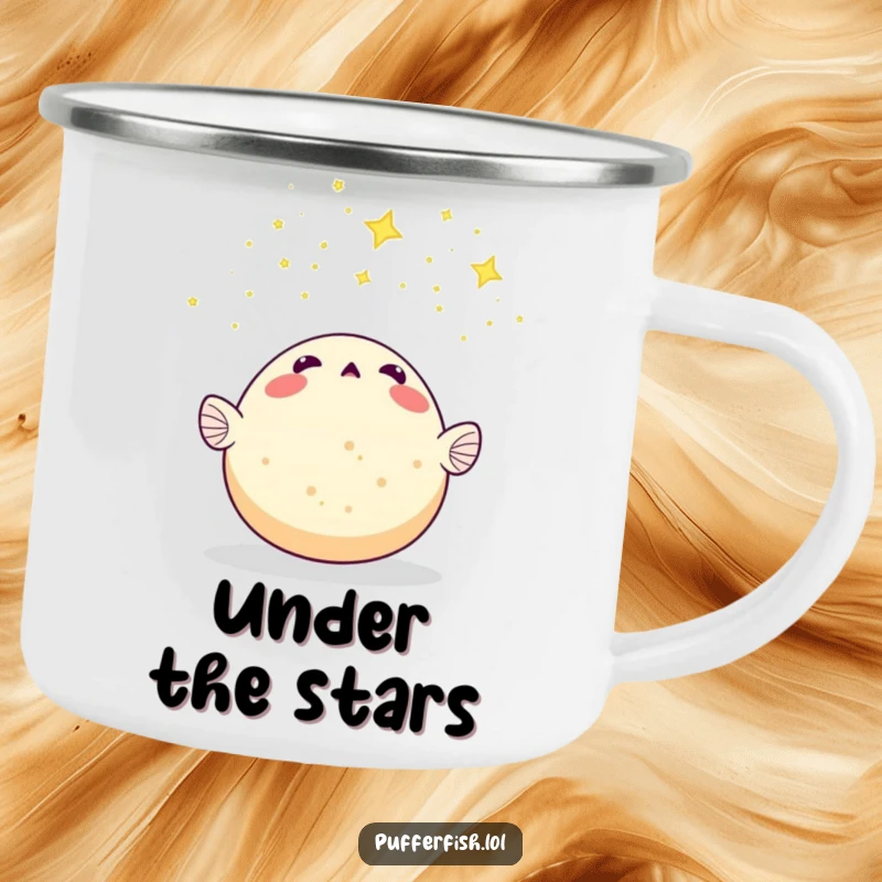 Funny Pufferfish Camping Mug: A surprised pufferfish watches a meteor shower of tiny stars, bringing celestial humor to the outdoors.