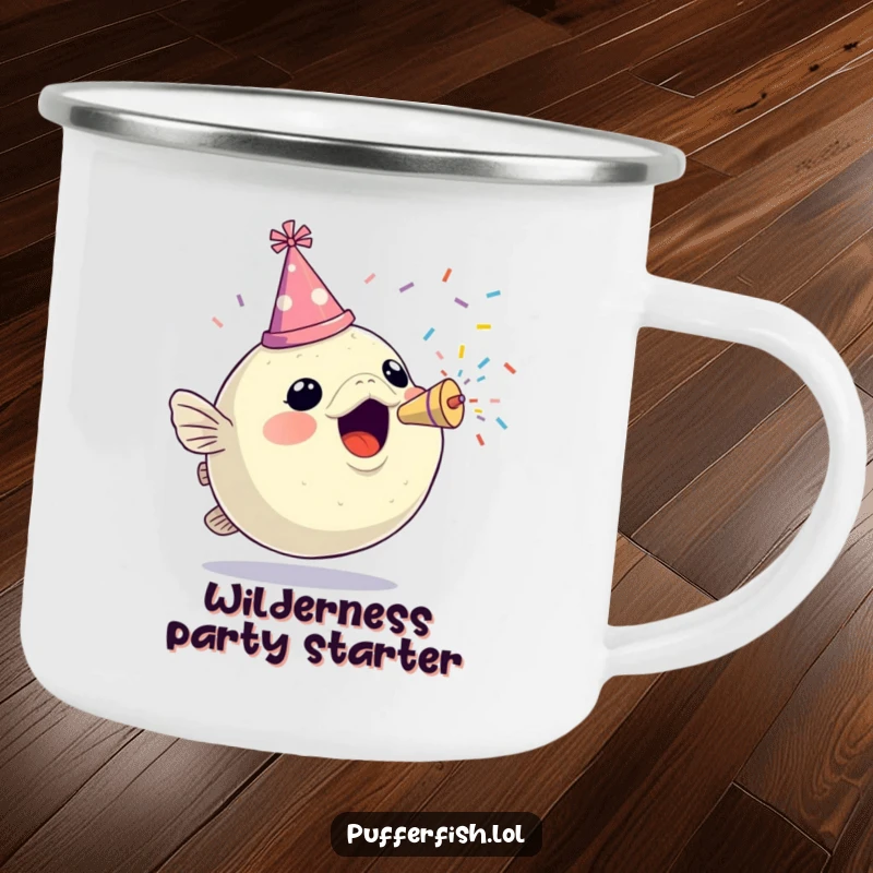 Funny camping mug showing a cheerful pufferfish in a party hat firing a confetti popper, perfect for outdoor celebrations.