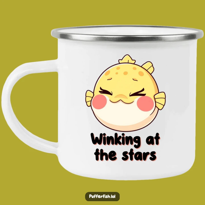 Funny Pufferfish Wink Camping Mug: Cheeky Campfire Companion, Great Gift
