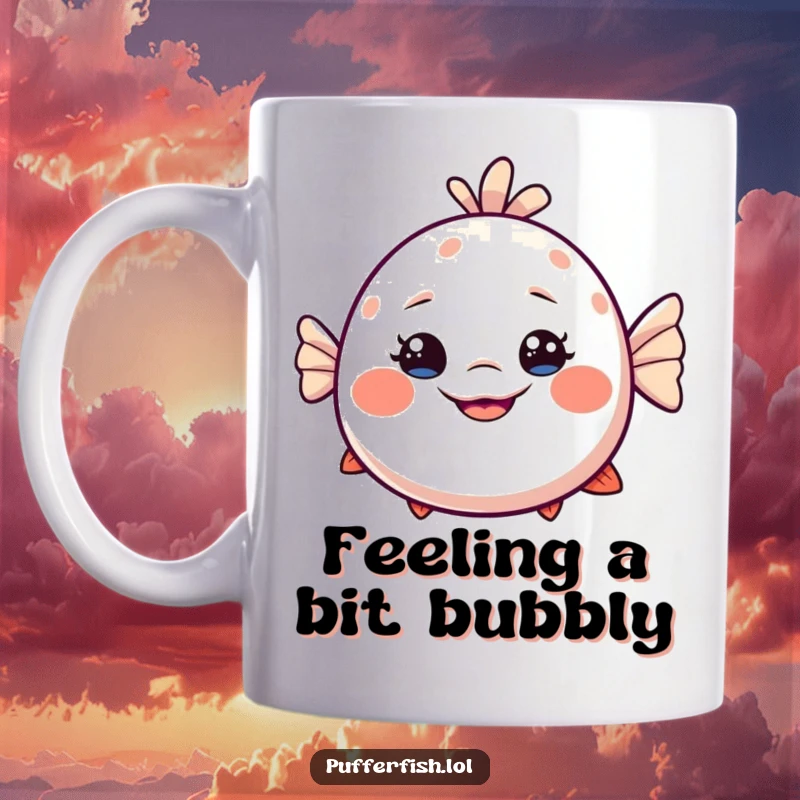 Funny Dizzy Pufferfish Mug: A slightly dizzy pufferfish character has a wide, playful, exaggerated smile, looking endearingly goofy.