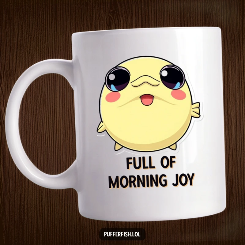Funny mug showing a kawaii pufferfish character rapidly inflating with wide, joyful eyes, expressing extreme happiness.