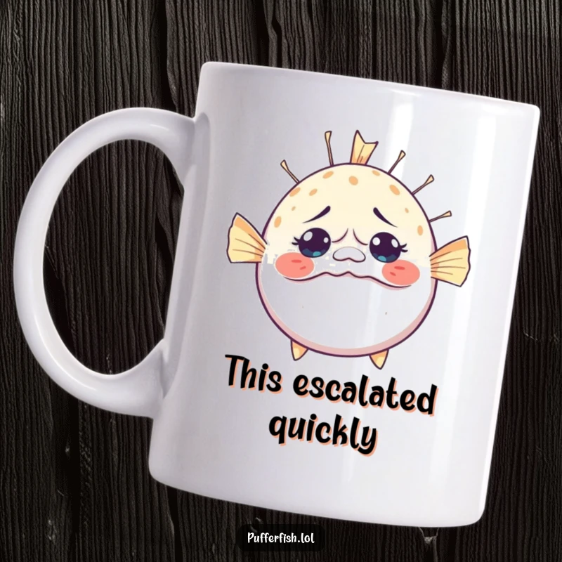 Funny Bewildered Pufferfish Mug: A pufferfish hilariously inflating rapidly, its face a comical mask of surprise and wide-eyed disbelief.