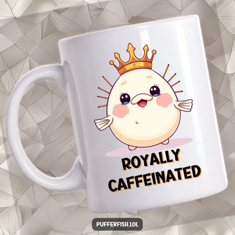 Funny pufferfish mug, trying humorously to balance a tiny crown on its inflated head, a royal and ambitious design.