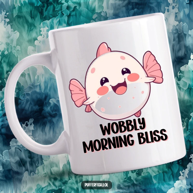 Funny kawaii pufferfish doing a joyful, wobbly swim completely on its back, showcasing pure aquatic happiness for a funny gift.