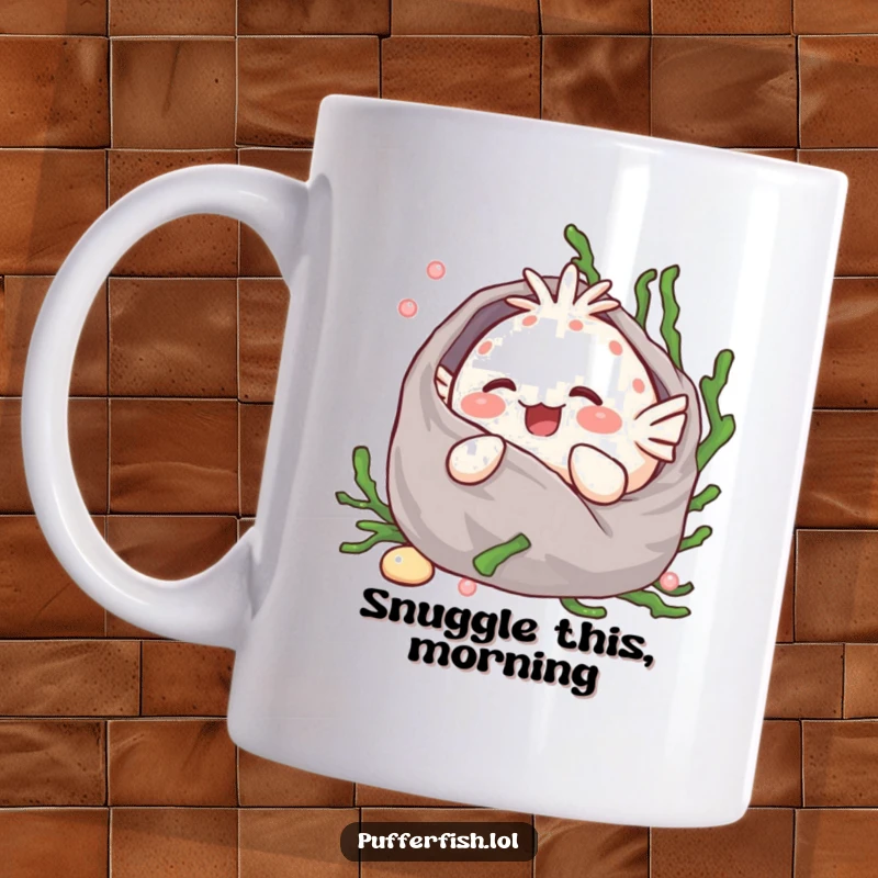 Funny Kawaii pufferfish giggling contently while snuggled in a soft green seaweed blanket, sipping coffee from a mug.