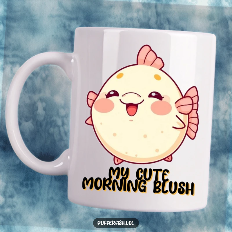 Funny kawaii pufferfish mug blushing pink and puffing up excitedly with a shy, happy expression.