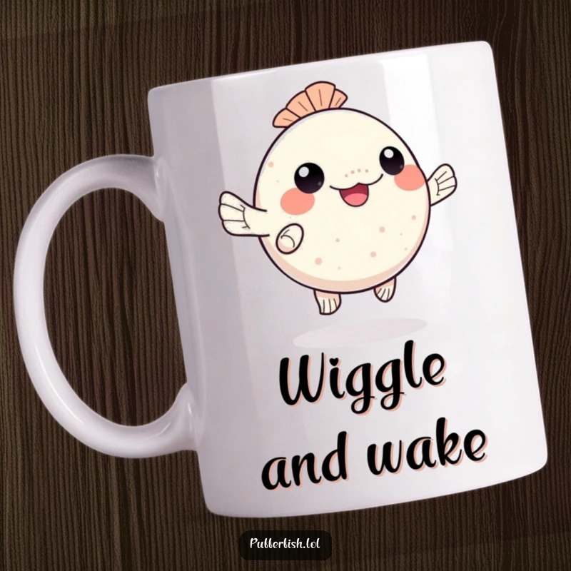 Funny kawaii pufferfish mug, happily dancing with wiggling fins, spreading undersea joy, a perfect funny gift.
