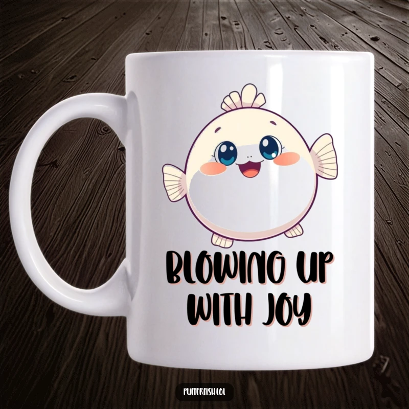 Funny mug showcasing a kawaii pufferfish joyfully inflating with wide, curious eyes, emanating pure, bubbly happiness.