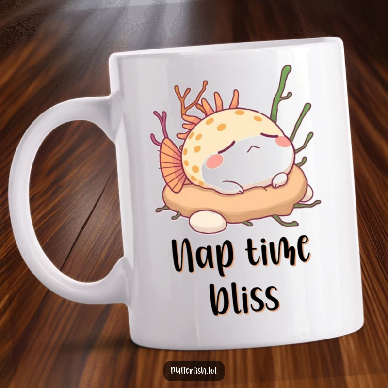 Funny Pufferfish Mug: A contented pufferfish peacefully naps on a soft bed of green seaweed, embodying tranquility and humor.