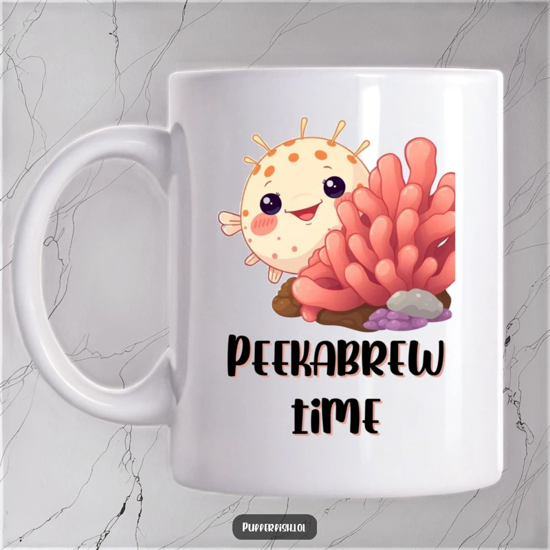 Funny pufferfish mug, humorously peeking from behind a large, vibrant coral reef, playing a playful game of hide-and-seek.