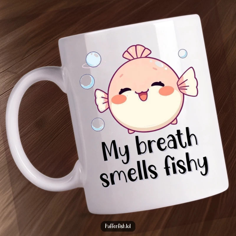 Funny pufferfish mug blowing cheerful bubble rings with a happy expression, perfect for gifting.