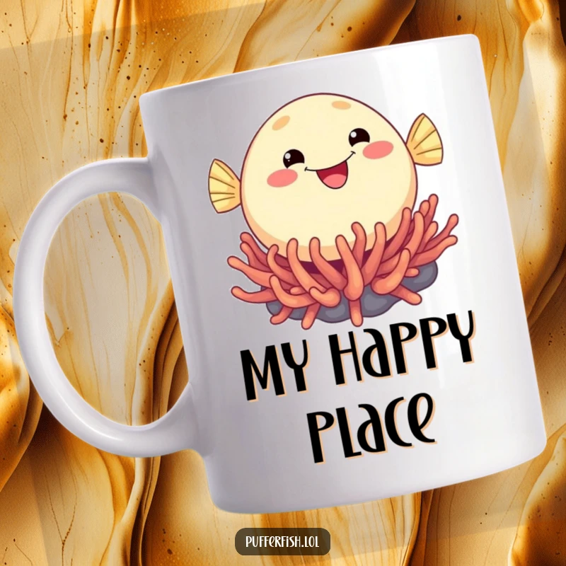 Funny mug with a round pufferfish beaming with joy while bouncing playfully on a vibrant sea anemone, showcasing pure aquatic happiness.