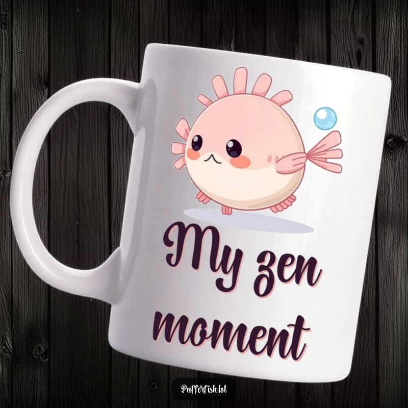 Funny Pufferfish Mug: A playful pufferfish joyfully chases a tiny sparkling bubble underwater, showcasing its cute and adventurous personality.