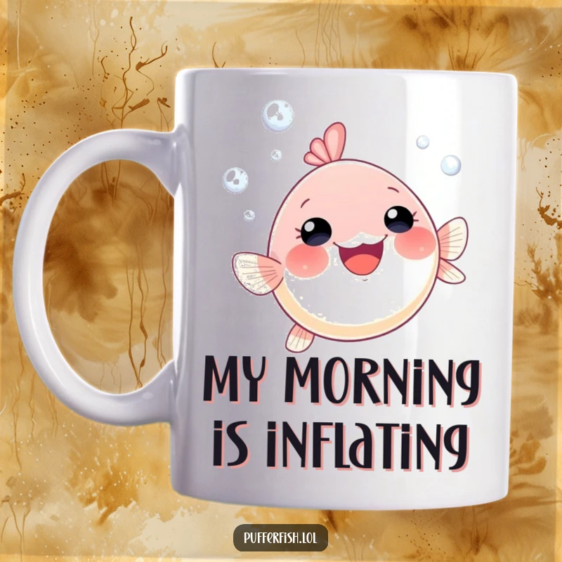 Funny pufferfish mug with a small pufferfish gleefully swimming upwards, surrounded by playful bubbles, bringing cheer to your day.