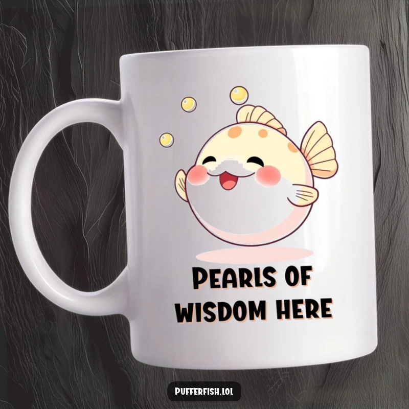 Funny mug featuring a cheerful pufferfish enthusiastically juggling three shimmering pearls, radiating joy and playful skill.