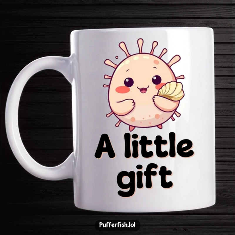 Funny mug featuring a cute, round pufferfish with a friendly wave, gently offering a delicate seashell, embodying seaside kindness.