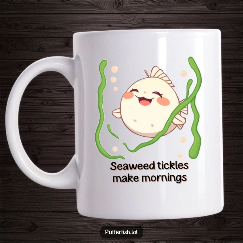Funny mug depicting a pufferfish character laughing heartily while being playfully tickled by strands of green seaweed, showing pure amusement.