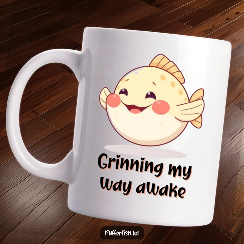 Funny pufferfish mug wiggling fins with a wide happy grin, radiating pure, infectious joy and humor.