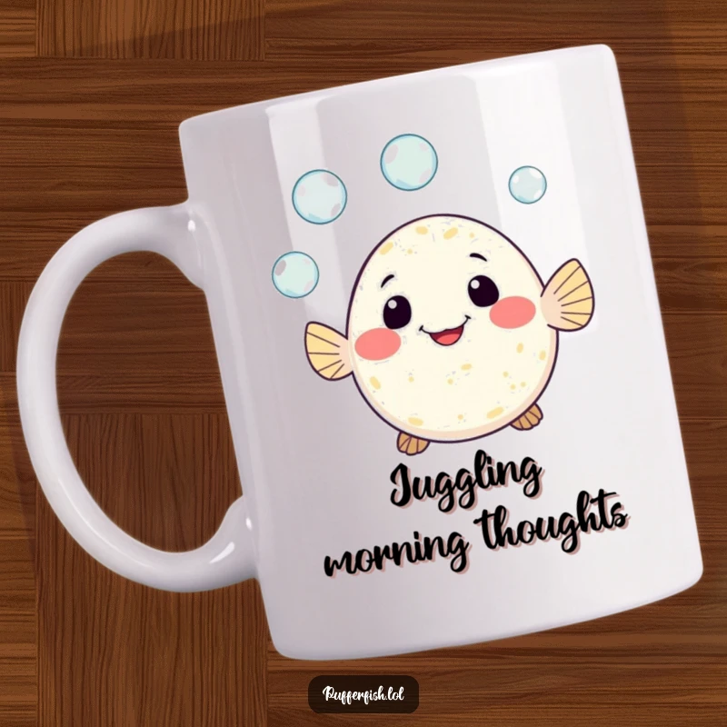 Funny mug showing a cute pufferfish character cheerfully juggling three tiny bubbles with a wide, happy grin.