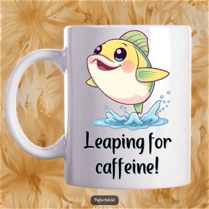 Funny Cheerful Fish Mug: A happy fish leaps from the water, eyes wide with delight, radiating pure joy and energy.