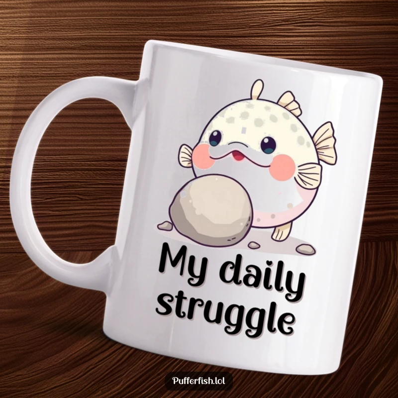 Funny Pufferfish Grit Mug: A determined pufferfish uses its nose to push a large, round pebble with great effort.