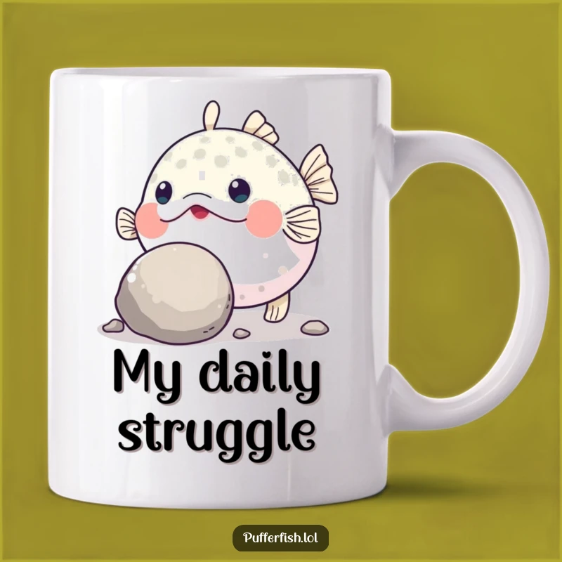 Funny Pufferfish Grit Mug: Determined Fish Pushing Pebble, Funny Gift!