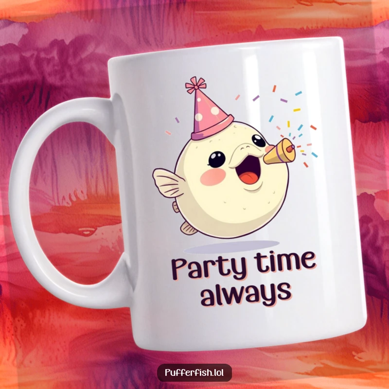 Funny mug depicting an excited pufferfish wearing a small party hat and joyfully firing a confetti popper.