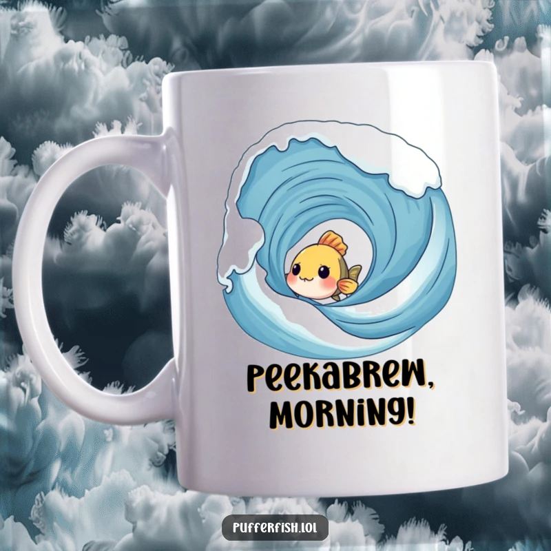 Funny Shy Fish Mug: A little fish peeks with wide eyes from behind a large, bubbling wave, showing curiosity.