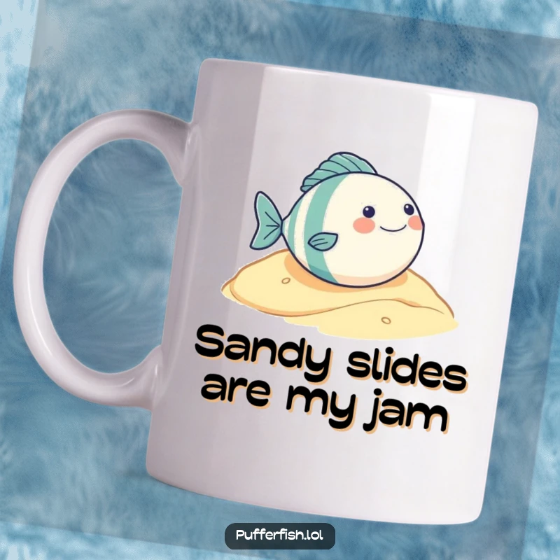 Funny mug depicting a very round, ecstatic fish character gleefully rolling down a sandy hill, embodying pure, unadulterated fun.
