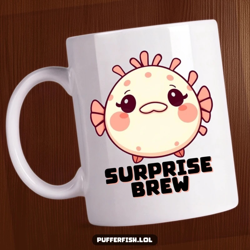 Funny Kawaii pufferfish mug, a cute fish looking genuinely surprised with wide eyes and a tiny, mischievous, knowing grin.