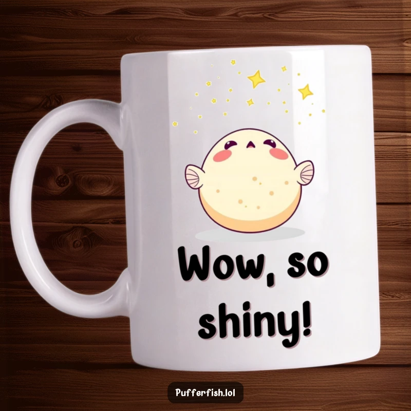 Funny Pufferfish Mug: A surprised pufferfish looks up in awe at a spectacular meteor shower of tiny twinkling stars, expressing wonder.