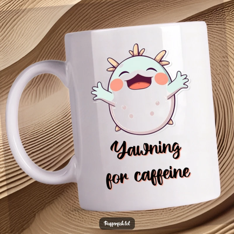 Funny Pufferfish Yawning Mug: A cute pufferfish is stretching its arms wide in a big, sleepy yawn, conveying relaxation.