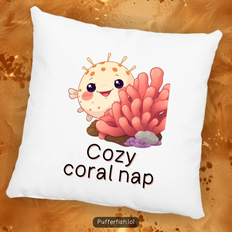 Funny pufferfish pillow, humorously peeking from behind a vibrant coral, a soft, cozy, and amusing decor item.