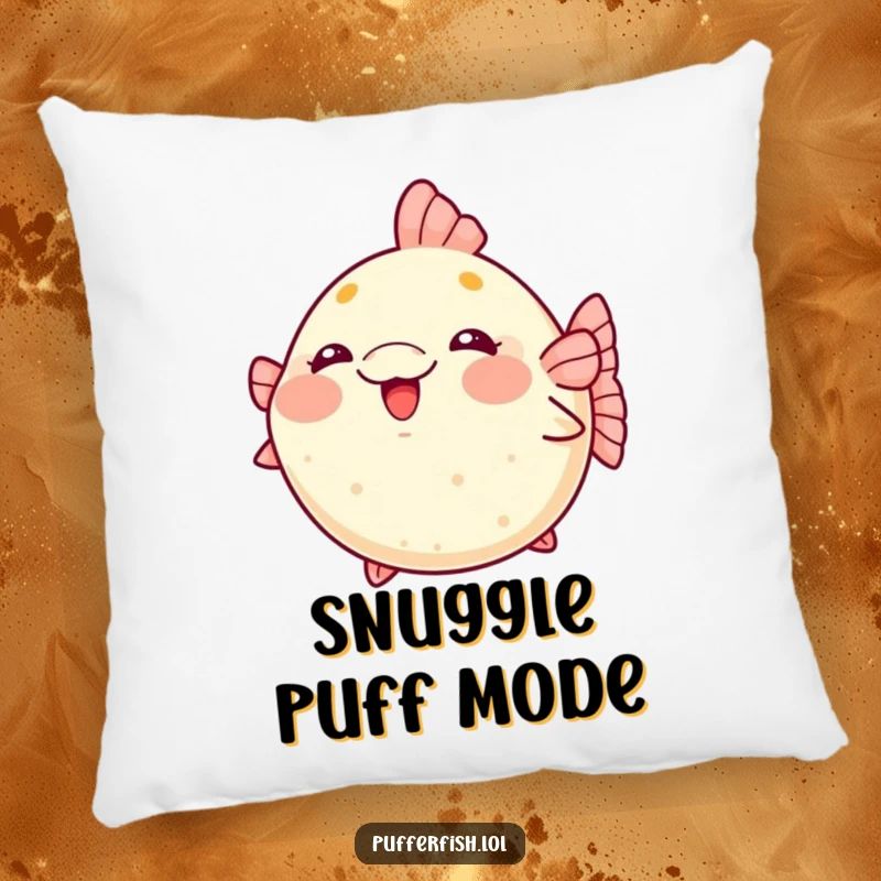 Funny kawaii pufferfish pillow blushing and puffing up excitedly, perfect for cozy spots.