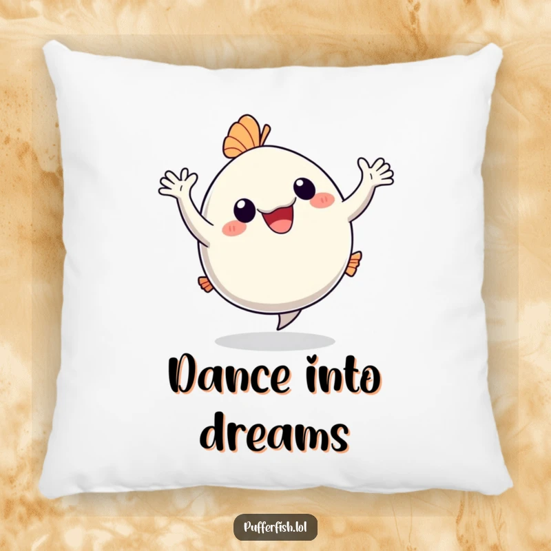 Funny Pillow: A happy pufferfish dances with arms waving, offering humorous and soft decor for anyone needing a dose of joy.