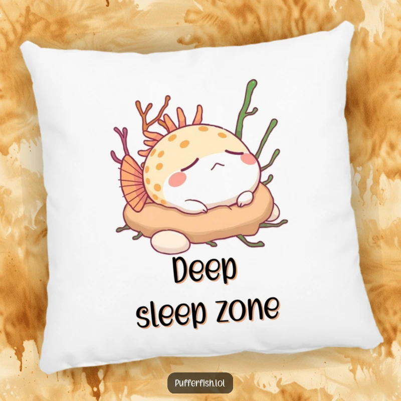 Funny Pufferfish Pillow: A content pufferfish peacefully slumbers on a soft bed of seaweed, offering ultimate nap-time humor.