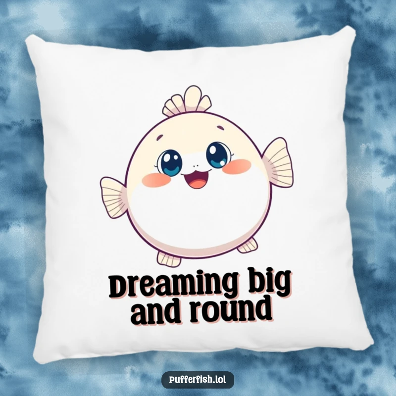 Funny pillow with a kawaii pufferfish joyfully inflating, its big eyes adding charm to this soft and cute decorative item.