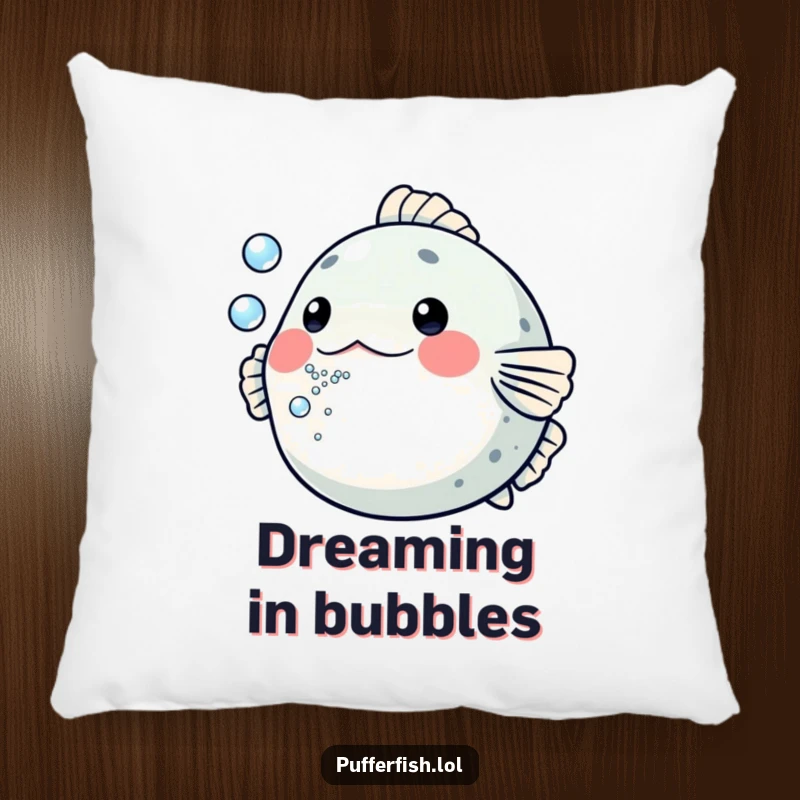 Funny Pufferfish Pillow: A decorative pillow featuring a pufferfish comically blowing a stream of tiny bubbles, perfect for adding playful comfort.