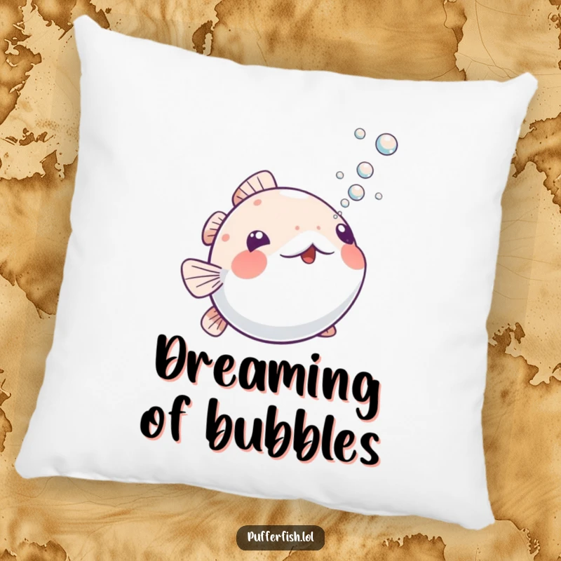 Funny Playful Pufferfish Pillow: A soft pillow adorned with a pufferfish playfully blowing small bubbles upwards, bringing underwater humor and comfort.