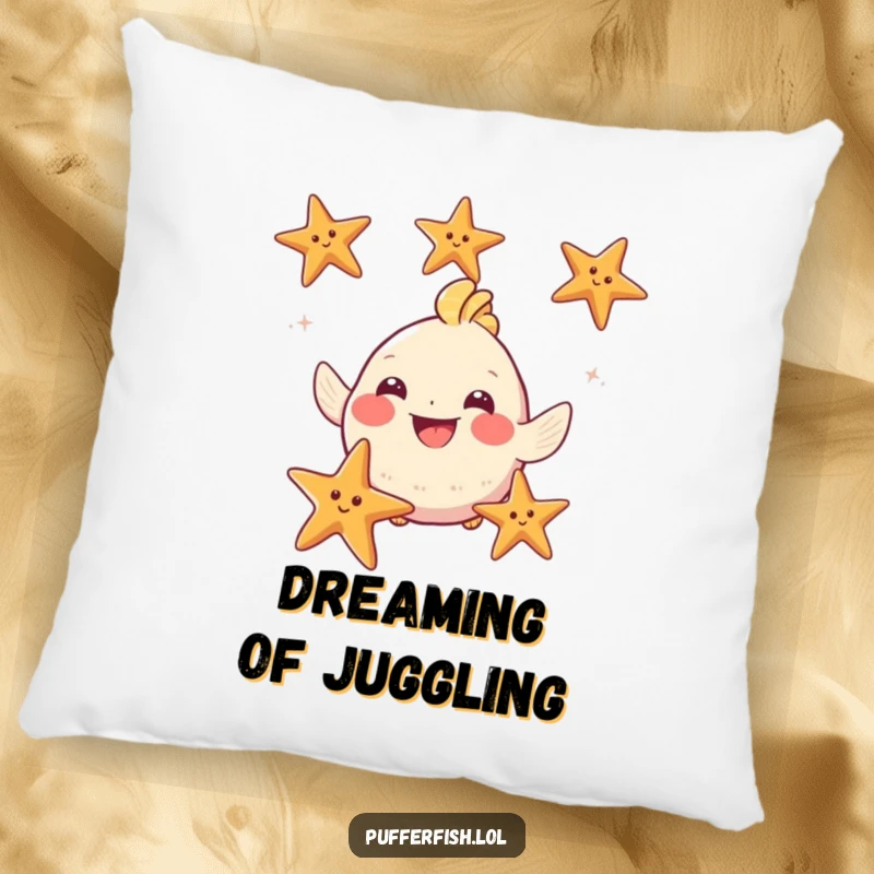 Funny Puffy Fish Pillow: A smiling, inflated fish juggles three starfish, offering a soft and humorous decorative accent.