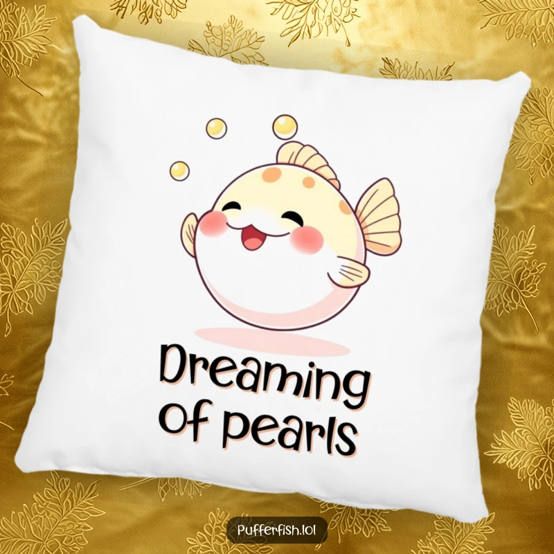 Funny pillow showcasing a cheerful pufferfish expertly juggling three sparkling pearls, offering comfort and a touch of whimsy.